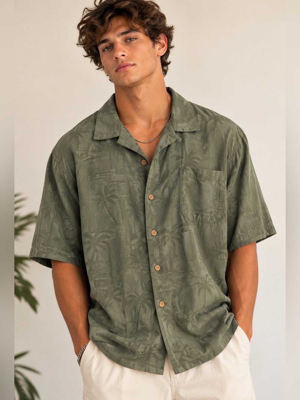 Vintage Y2K Batik Bay Silk Lightweight Olive Green Tropical Hawaiian Shirt Sz L